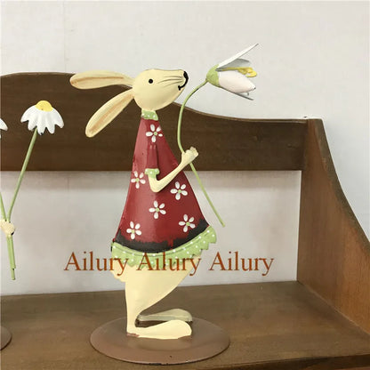 Red Shy Cute Rabbit,Double-sided Smll Buny,Easter Holding Flowers,Wedding Ornaments,Window Home Decoration,Desktop