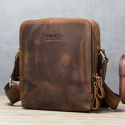 CONTACT'S Genuine Leather Men's Messenger Bag Vintage Shoulder Bags for 7.9" Ipad Mini High Quality Male Crossbody Bag