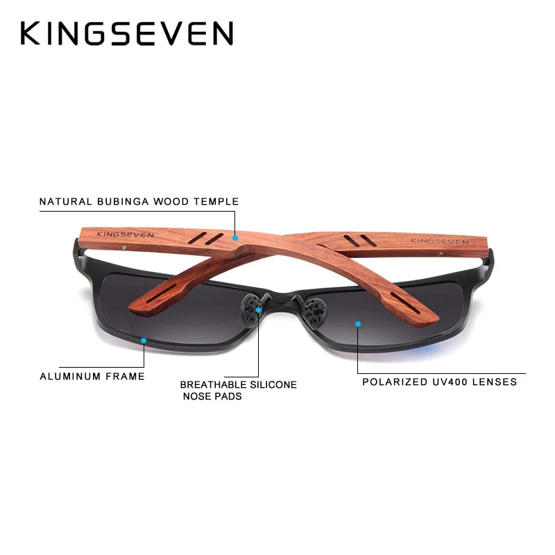 KINGSEVEN Design Handmade Natural Bubinga Wooden+Aluminum Sunglasses Men Polarized Fashion Sun Glasses Square UV400 Gafas De Sol