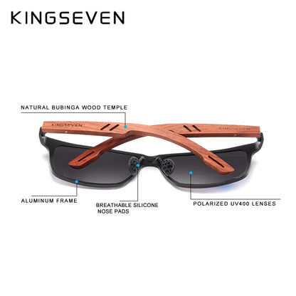 KINGSEVEN Design Handmade Natural Bubinga Wooden+Aluminum Sunglasses Men Polarized Fashion Sun Glasses Square UV400 Gafas De Sol