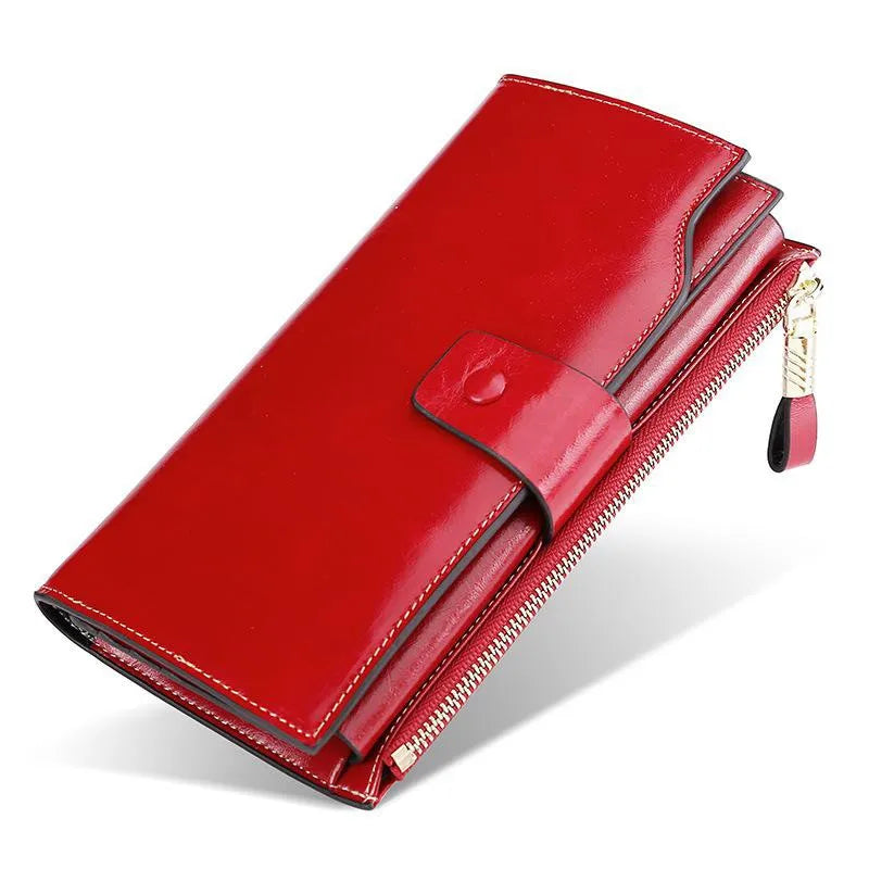 RFID Blocking Genuine Leather Women Wallet Long Lady Leather Purse Brand Design Luxury Oil Wax Leather Female Wallet Coin Purse