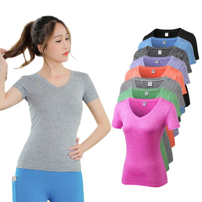 Women's Yuerlian V-neck Quick Dry Yoga Running T-shirts