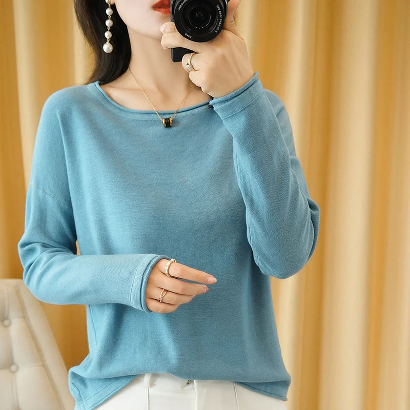 100% Cotton Women Knit Sweater Crimped Edge O-Neck Pullover Bottoming Pure Cotton Sweater Spring Autumn New Tops Clothes