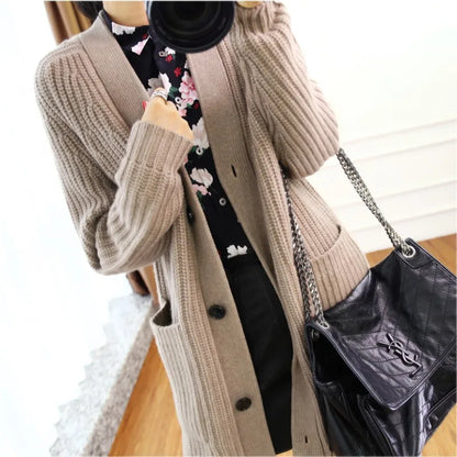 Women's Cashmere Wool Sweater, Knitted Casual Long Style Cardigan, V-Neck, Button Soft Sweater, Long Sleeve Dress, Winter, New