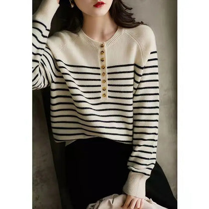 Autumn and Winter Women Striped Wool Blend Sweater O-Neck Sailor Pullover Cashmere Sweater Slim Knitted Warm Base Shirt