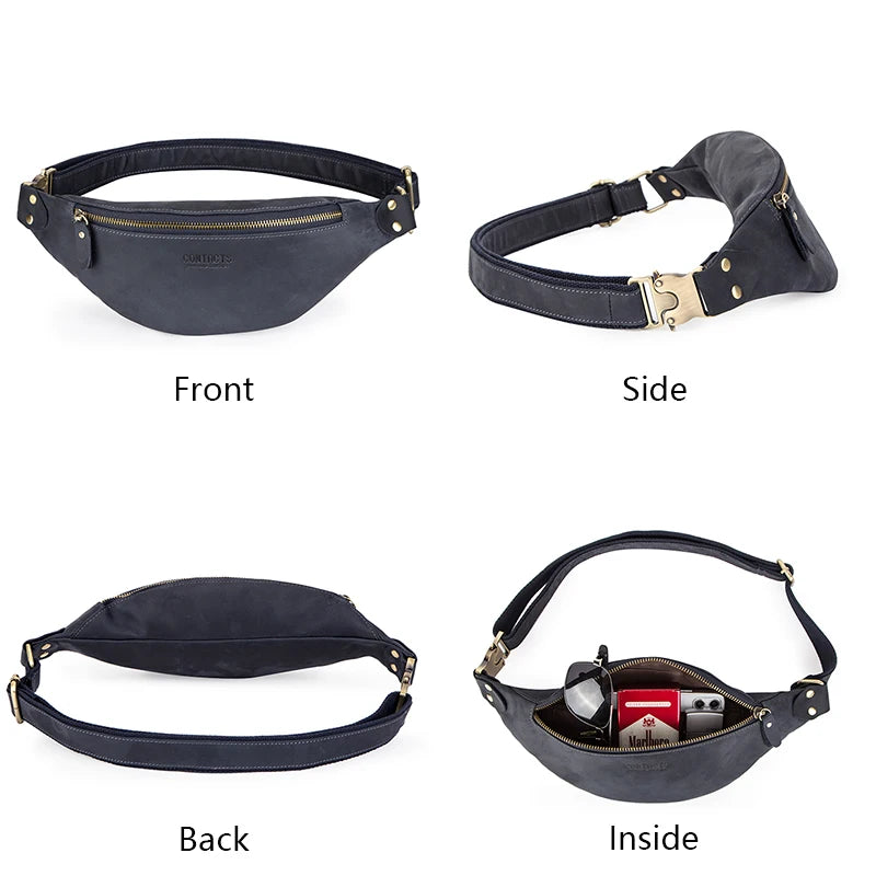 CONTACT'S 100% Crazy Horse Leather Waist Packs Travel Fanny Pack For Men Leather Waist Bag Male Belt Bag Multifunction Chest Bag