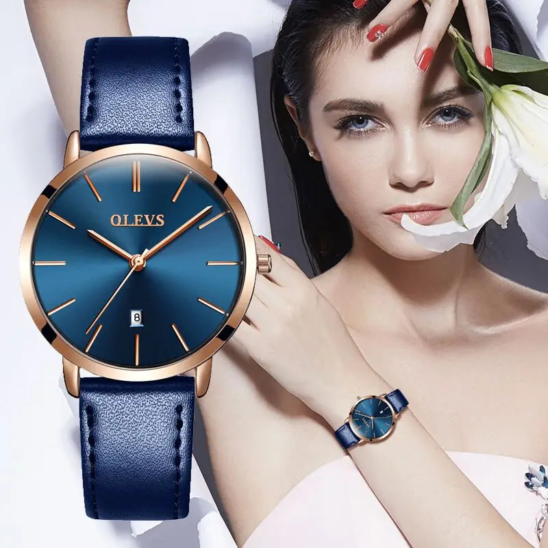 OLEVS Women Watch Red Casual Leather Ladies Watches Luxury Quartz Female Wristwatches Brand Clock Ultra Thin Surface 6.5MM5869