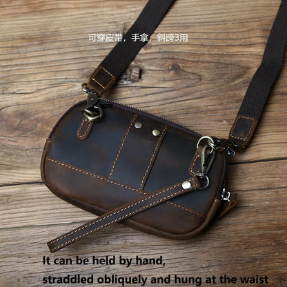 NZPJ Retro Leather Men's Mobile Phone Bag Crazy-horse Leather Waist Bag Top Layer Cowhide Clutch Cross-body Shoulder Bag Fanny Pack