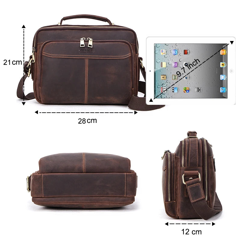 CONTACT'S Crazy Horse Leather Men Messenger Bag Vintage Man Crossbody Bag Handbags Large Capacity Male Shoulder Bags Bolsos