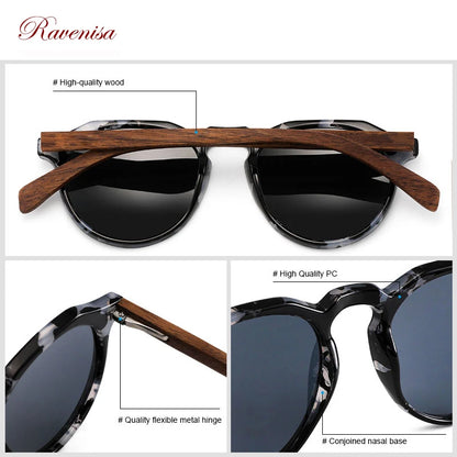 Ravenisa Wood Sunglasses Polarized Sunglasses Women Men Vintage Round Sun Glasses Ladies lunette de soleil femme UV400