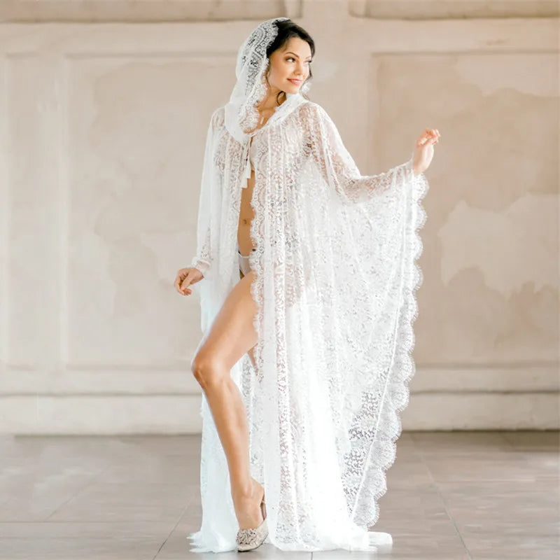 Maternity Photography Prop Long Lace Dress Cape Boho Maternity Photo Shooting Dress See Through Lace Pregnancy Dress