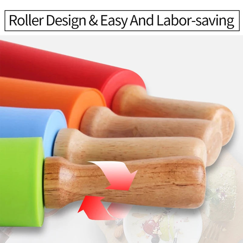 Non-Stick Silicone Rolling Pin Wooden Handle Pastry Dough Flour Roller Kitchen Cooking Baking Tool For Pasta Cookie Dough