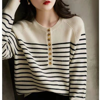 Autumn and Winter Women Striped Wool Blend Sweater O-Neck Sailor Pullover Cashmere Sweater Slim Knitted Warm Base Shirt