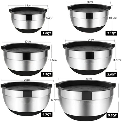 LMETJMA 6 Pcs Mixing Bowls with Lids and Non Slip Bases Stainless Steel Mixing Bowls Set for Baking Nesting Storage Bowls JT227