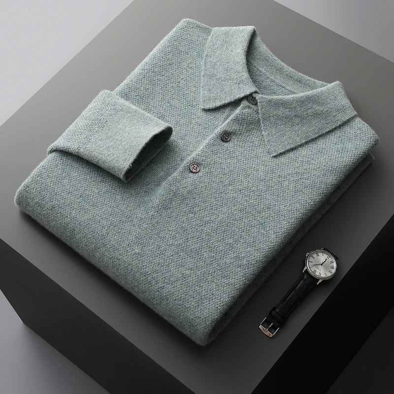 MVLYFLRT 100% Pure Merino Wool Men's POLO Collar Pullover Autumn Winter New Honeycomb Needle Shirt Fashion Knitted Men's Jacket