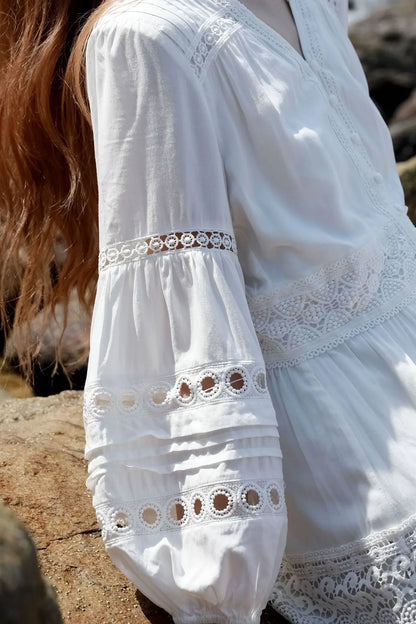 100% Cotton White Lace Dresses Women Vintage V-neck Puff Sleeve Long Dress Summer High Quality Casual Boho Beach Wear Vestidos