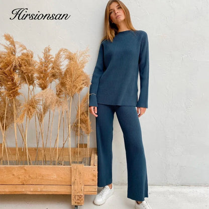 Hirsionsan Elegant Soft Knitted Sets Women Autumn Winter Warm Casual Two Pieces Sweater and Pants Outfits Solid Tracksuit Lady