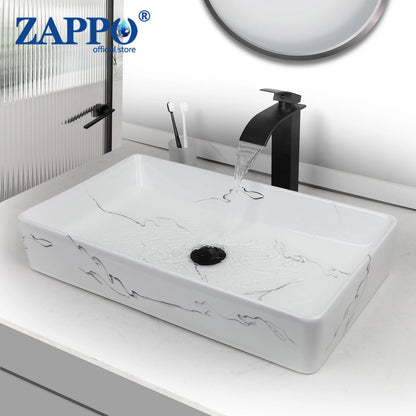 ZAPPO Rectangle Marble Bathroom Vessel Sink Above Counter Bowl Sinks for Bathrooms Porcelain Vessel Sink with Faucet and Drain