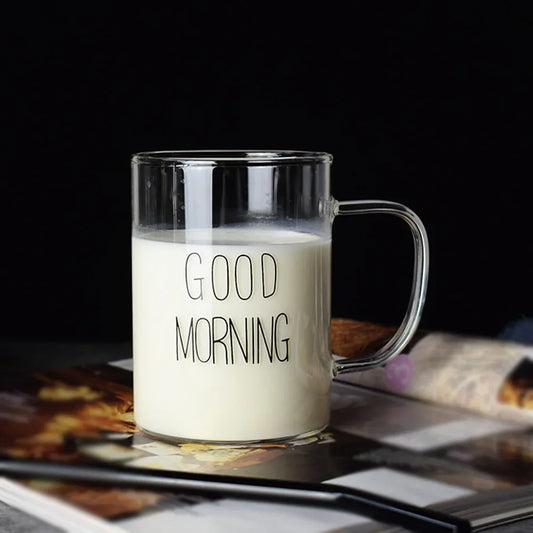 GOOD MORNING Coffee Mug Transparent Breakfast Cup Heat Resistant Glass Cup Teacup Iced Juice Water Cup Wine Beer Glass Drinkware