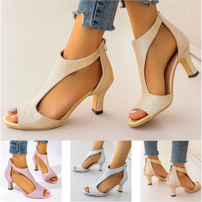 Women Roman Sandals Medium Heel High Heels Big Size 42 43 Summer Fish Toe Stiletto Gold Silver Pink Purple Elegant Designer