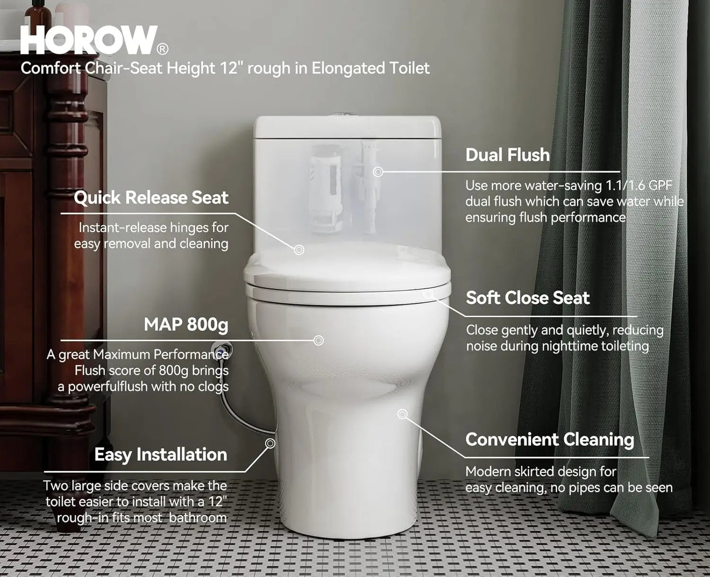 HR-ST076WD Dual Flush Elongated Toilet with Soft Close Seat, High-Efficiency Supply, Standard Bathroom Toilet 12" Rough-In, Whit