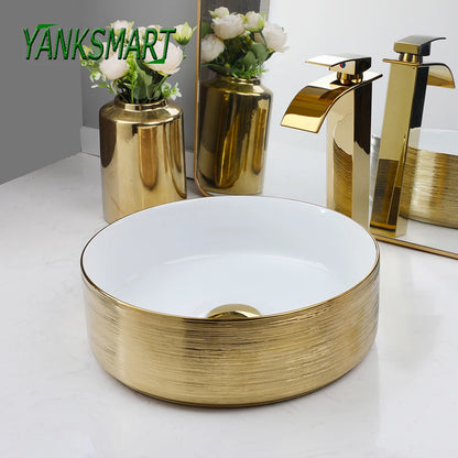 YANKSMART Gold Round Ceramic Bathroom Basin Vessel Vanit Countertop Golden Sink Mixer Waterfall Faucet w/ Pop-up Drain Combo Kit