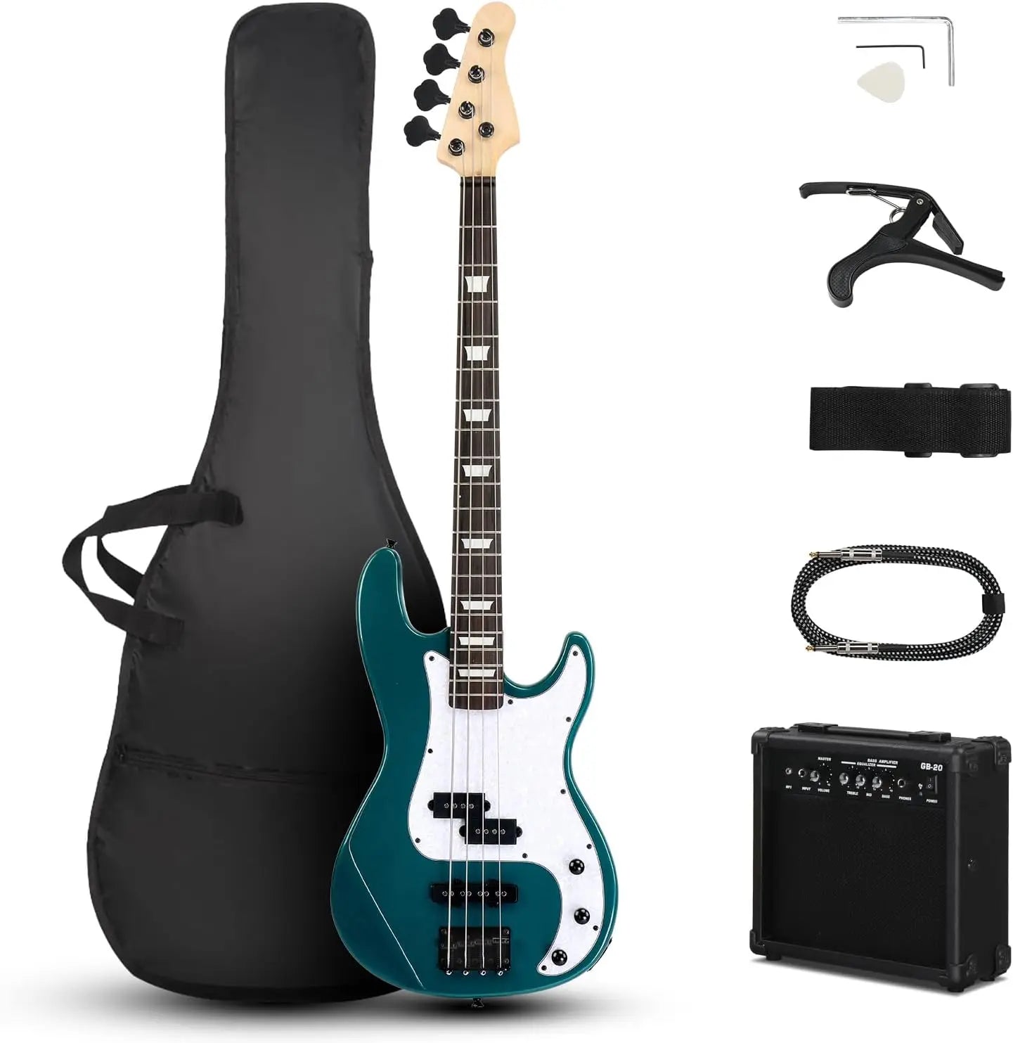 4 String Electric Bass Guitar, PB-Style Full Size Standard Right Handed Beginner Kit with 20W AMP, Gig Bag, Strap, Upgrade Cable