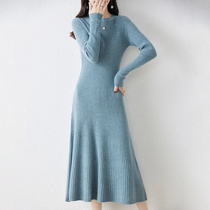 Winter/ Autumn Oneck Female Dresses 100% Wool Knitted Dress For Women New Arrival Long Style 6Colors Jumpers SY01