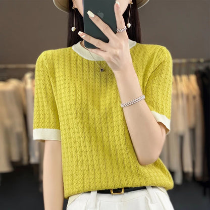 Summer New Women Cool Silk Short-sleeved Tees O-Neck Fashion Color Matching Twists T-shirt Loose Half-sleeved All-match Top