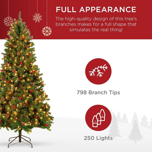 6-foot pre illuminated spruce hinge artificial Christmas tree with 798 tips, pine cones, berries, 250 lights, metal base