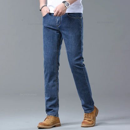 Spring and Summer Thin Men's Light Blue Slim Jeans Stylish Casual Stretch Fabric Denim Pants Classic Trousers Smoke Gray