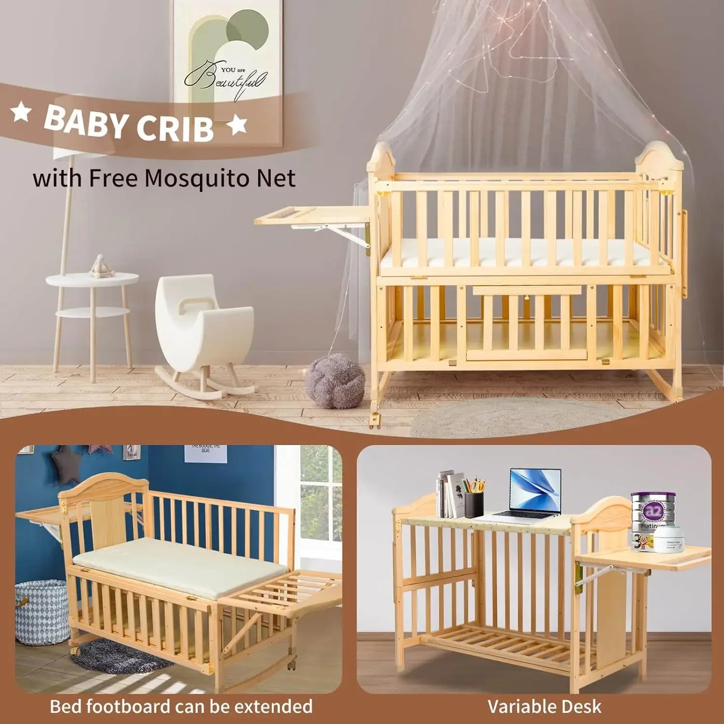 Mini Baby Cribs 4-in-1 Convertible - Cunas para Bebes with Changing Shelf and Mattress Included,2024 Wood Baby Bassinets Bedside