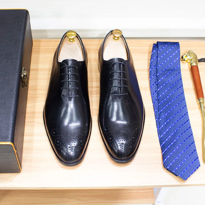 Genuine Leather Mens Formal Shoes Handmade Classic Whole Cut Oxfords Business Lace-up Plain Toe Wedding Dress Shoes for Men