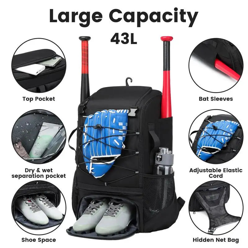 Large Capacity Baseball Softball Bag Hold Helmet 2 Tees Ball Bats Batting Glove Gear Outdoor Workout Camping Bag Sport Organizer