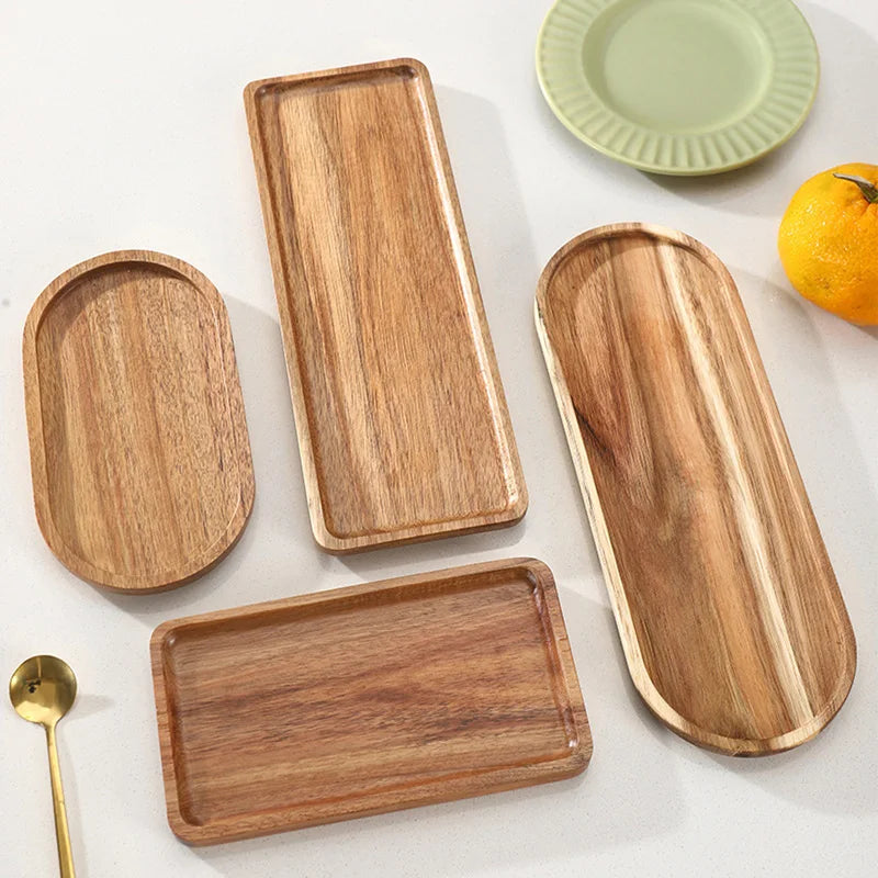 Wooden Serving Tray Solid Wood Pallet Oval/Rectangle Plate Food Dessert Fruit Coffee Tea Cup Dishes Platters Kitchen Accessories