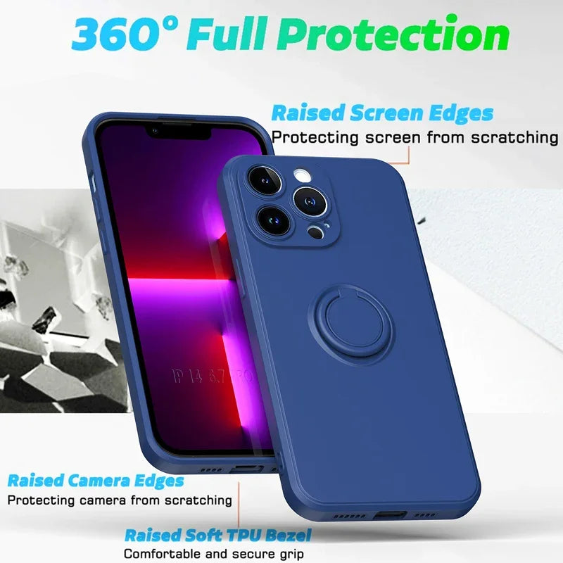 Magnetic Soft Silicone Phone Case For iPhone 16 15 14 13 12 11 Pro Max XS XR 8 7 Plus SE 2022 Full With Ring Holder Stand Cover