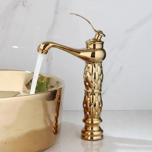 Monite Golden Plated Ceramic Round Bathroom Combine Faucet Set Lavatory Washbasin Sink Diamond Setting Mixer Faucet w/ Pop Drain