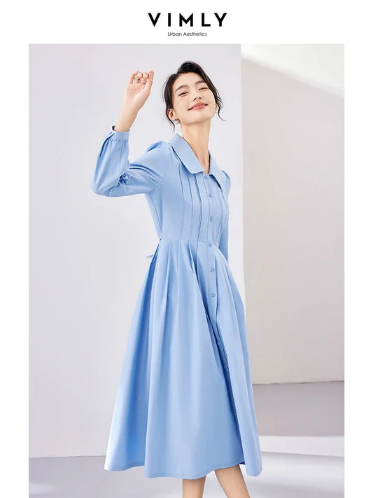 Vimly Cotton 100% Women's Blue Button Up Shirt Dresses Autumn Fashion A-line Lapel Long Sleeve Elegant Midi Dress M2917