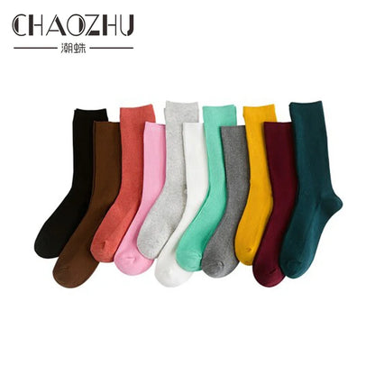 CHAOZHU Japanese Korean High School Girls High Socks Loose Solid Colors Double Needles Knitting Cotton Long Socks For Women