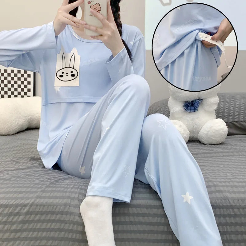 Postpartum woman lactation pajamas set autumn nursing leisurewear cartoon pregnant maternity breastfeeding tops long trousers