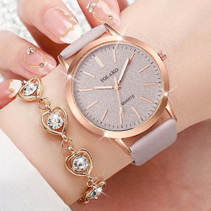 Women's Watch Fashion Matte Dial Casual Leather Band Quartz Watch with Diamond Heart Jewelry Set（Without Box）