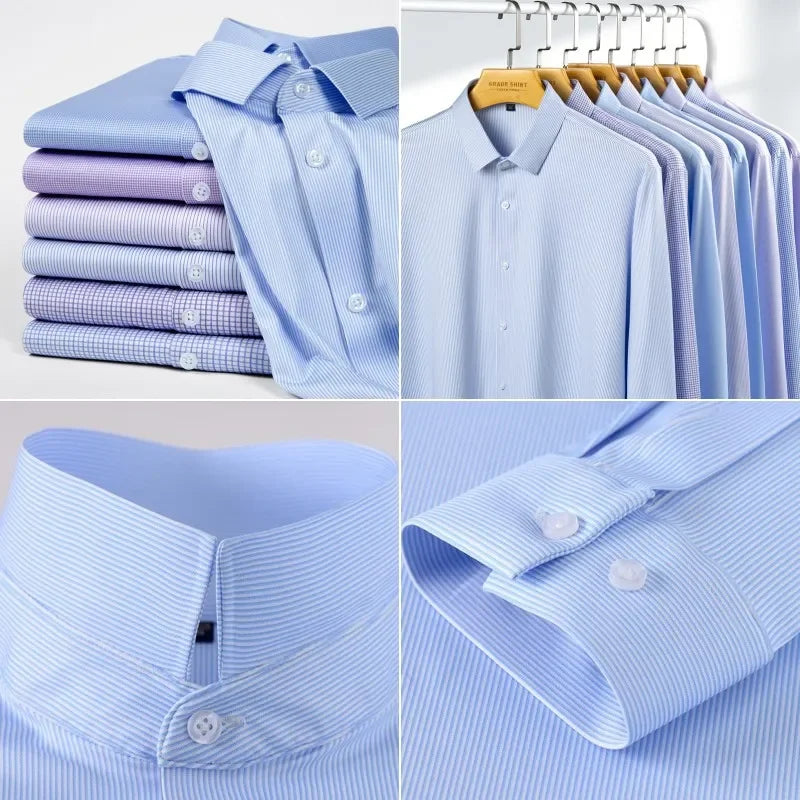 New Stretch Anti-Wrinkle Men's Shirts Long Sleeve Dress Shirts High Quality Men Slim Fit Social Business Blouse Striped Shirt