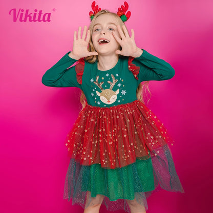 VIKITA Girls Christmas New Year Dresses Kids Elk Snowflakes Print Long Sleeve Autumn Winter Princess Cute Fashion Dress 3-12 Yrs