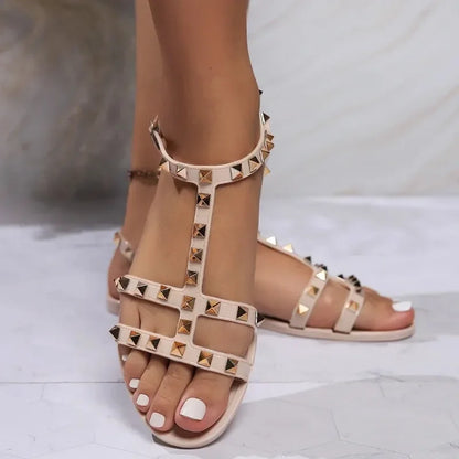 Summer Fashion New Sexy Large Size Flat Square Toe Popular Rivet Buckle Comfortable Solid Color Women's Slippers Sandals