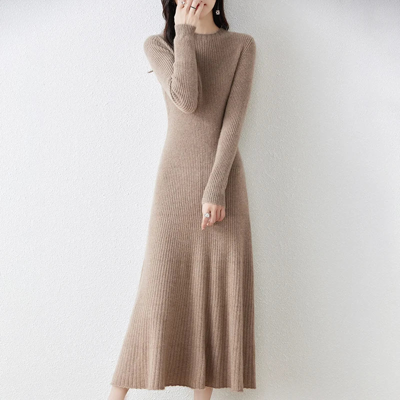 Winter/ Autumn Oneck Female Dresses 100% Wool Knitted Dress For Women New Arrival Long Style 6Colors Jumpers SY01