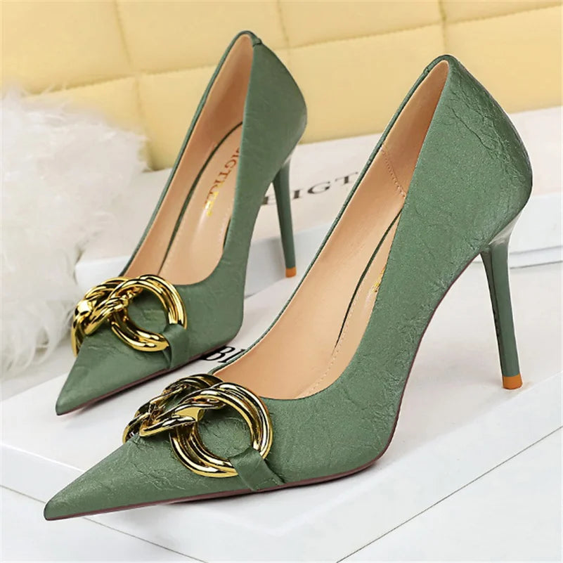 Women 7.5cm 9.5cm High Heels Escarpins Pumps Lady Metal Chain Low Heels Nightclub Slim Fit Party Green Office Prom Shoes