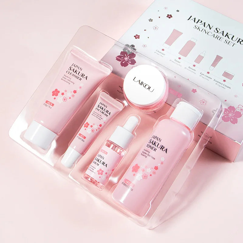 Face Skin Care Set Cleanser Sakura Essence Cream Moisturizing Toner Eye Cream Face Serum Improve Roughness & Dryness Skin Care