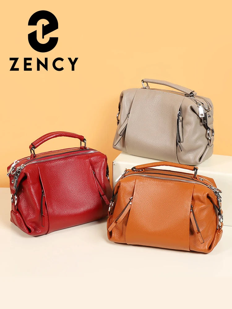 Zency Women's Genuine Leather Bag Simple High Quality Tote Bag Small Vintage Boston Handbag Female Shoulder Crossbody Ladies Purse