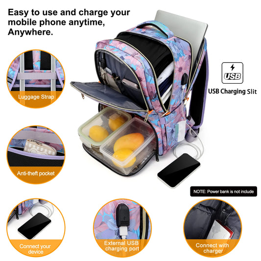 Lunch Backpack Insulated Cooler Picnic Bag Women's Camping Backpack Lunch Box with USB Port 15.6 Inch Laptop Waterproof Backpack