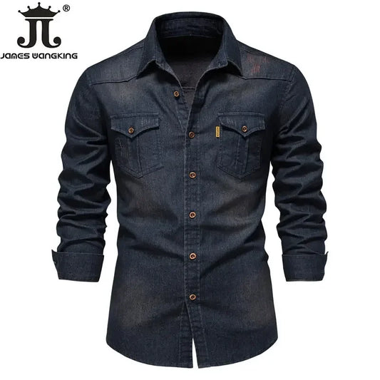 US Size S-5XL Cotton Men's Long-sleeved Washed Denim Shirt Casual All-match Button Solid Color outdoor Shirt Male